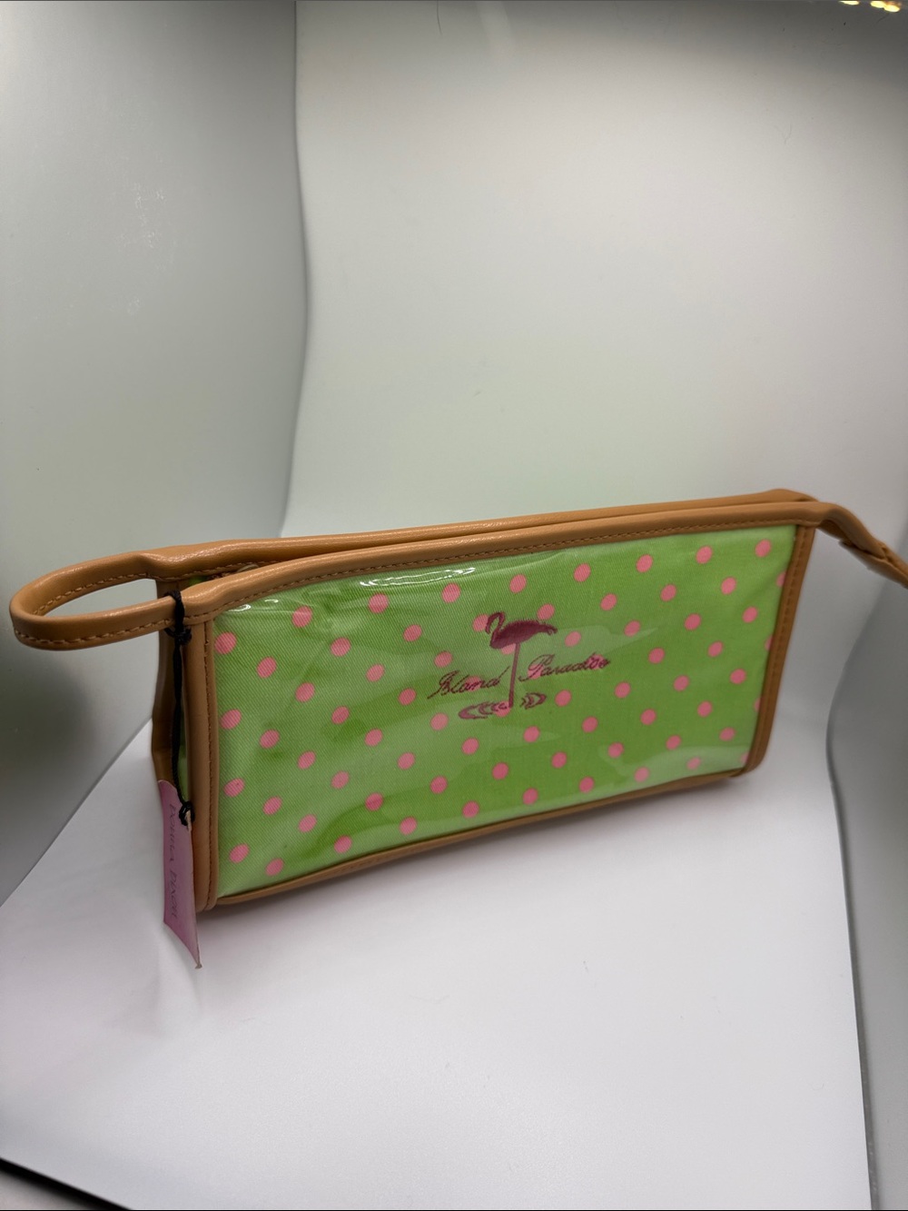 NWT Donna Dixon Island Paradise Green Polka Dot Cosmetic Clutch with Tan Trim